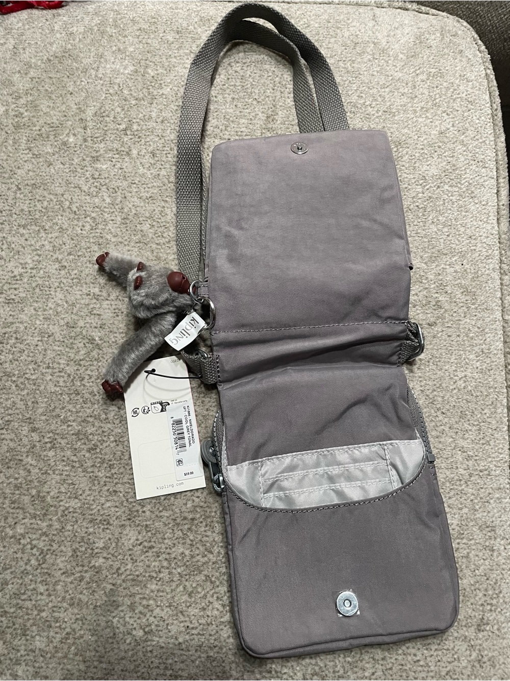 Kipling Light Gray Crossbody Messenger Bag with Monkey Charm - Picture 2 of 2